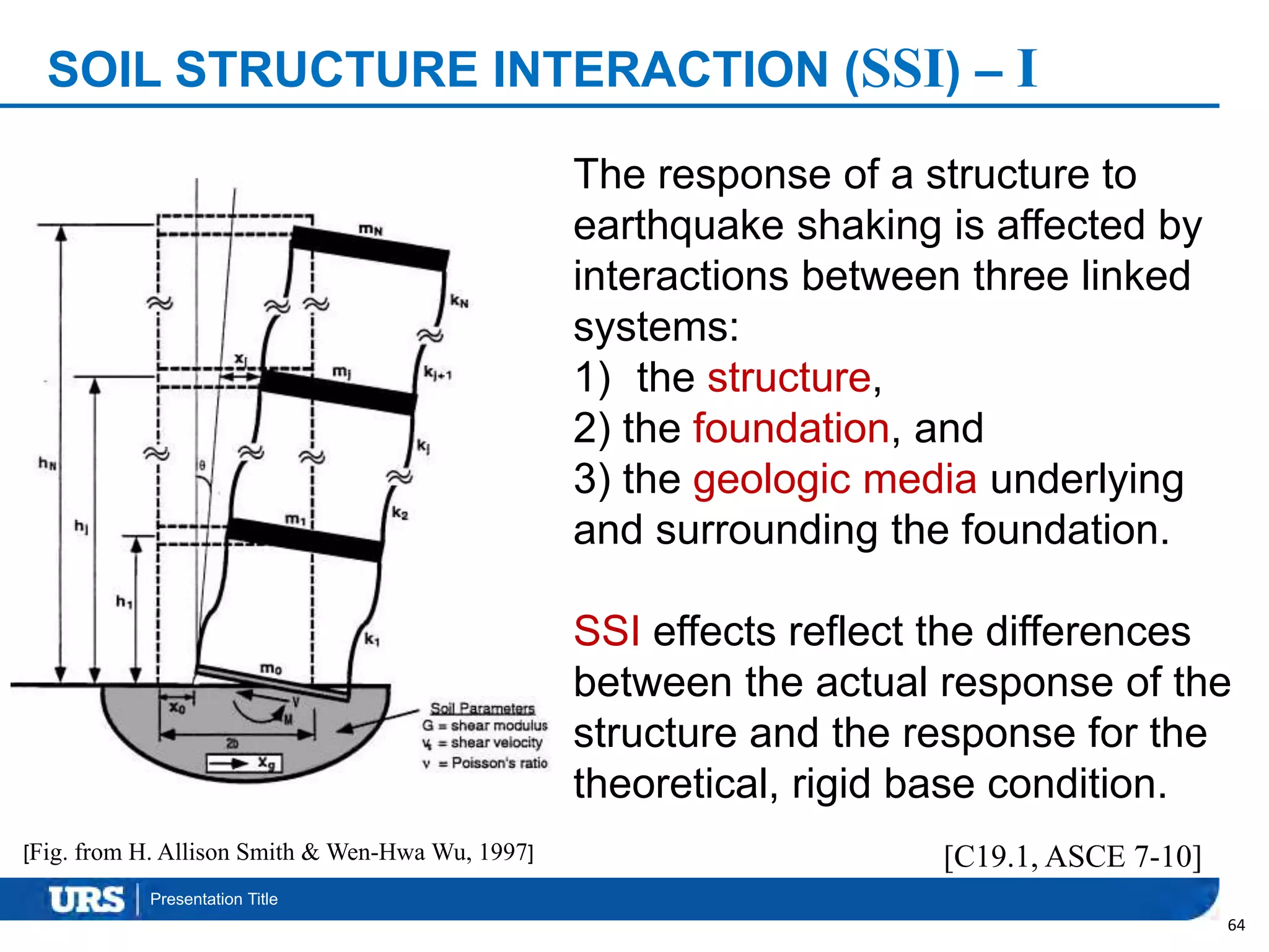 Presentation Title
SOIL STRUCTURE INTERACTION (SSI) – I
64
[C19.1, ASCE 7-10]
The response of a structure to
earthquake shaking is affected by
interactions between three linked
systems:
1) the structure,
2) the foundation, and
3) the geologic media underlying
and surrounding the foundation.
SSI effects reflect the differences
between the actual response of the
structure and the response for the
theoretical, rigid base condition.
[Fig. from H. Allison Smith & Wen-Hwa Wu, 1997]
 