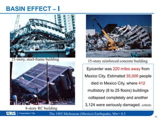 Presentation Title
BASIN EFFECT – I
11
Epicenter was 220 miles away from
Mexico City. Estimated 35,000 people
died in Mexico City, where 412
multistory (8 to 25 floors) buildings
collapsed completely and another
3,124 were seriously damaged. (USGS)
21-story, steel-frame building 15-story reinforced concrete building
8-story RC building
The 1985 Michoacan (Mexico) Earthquake, Mw= 8.3
 