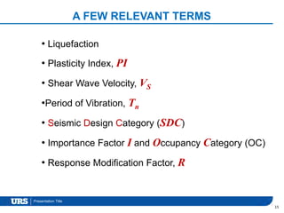 Presentation Title
A FEW RELEVANT TERMS
• Liquefaction
• Plasticity Index, PI
• Shear Wave Velocity, VS
•Period of Vibration, Tn
• Seismic Design Category (SDC)
• Importance Factor I and Occupancy Category (OC)
• Response Modification Factor, R
15
 