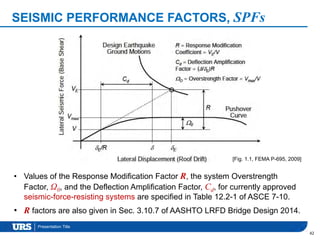 Presentation Title
SEISMIC PERFORMANCE FACTORS, SPFs
42
• Values of the Response Modification Factor R, the system Overstrength
Factor, Ω0, and the Deflection Amplification Factor, Cd, for currently approved
seismic-force-resisting systems are specified in Table 12.2-1 of ASCE 7-10.
• R factors are also given in Sec. 3.10.7 of AASHTO LRFD Bridge Design 2014.
[Fig. 1.1, FEMA P-695, 2009]
 