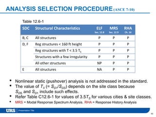 Presentation Title
ANALYSIS SELECTION PROCEDURE(ASCE 7-10)
43
SDC Structural Characteristics ELF
Sec. 12.8
MRS
Sec. 12.9
RHA
Ch. 16
B, C All structures P P P
D, F Reg structures < 160 ft height P P P
Reg structures with T < 3.5 TS P P P
Structures with a few irregularity P P P
All other structures NP P P
E All structures NA P P
• Nonlinear static (pushover) analysis is not addressed in the standard.
• The value of TS (= SD1/SDS) depends on the site class because
SDS and SD1 include such effects.
• Refer Table C12.6-1 for values of 3.5TS for various cities & site classes.
• MRS = Modal Response Spectrum Analysis. RHA = Response History Analysis
Table 12.6-1
 
