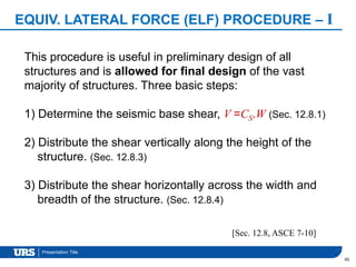 Presentation Title
EQUIV. LATERAL FORCE (ELF) PROCEDURE – I
45
This procedure is useful in preliminary design of all
structures and is allowed for final design of the vast
majority of structures. Three basic steps:
1) Determine the seismic base shear, V =CS.W (Sec. 12.8.1)
2) Distribute the shear vertically along the height of the
structure. (Sec. 12.8.3)
3) Distribute the shear horizontally across the width and
breadth of the structure. (Sec. 12.8.4)
[Sec. 12.8, ASCE 7-10]
 