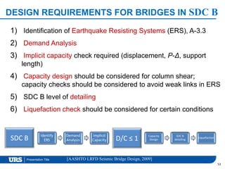 Presentation Title
DESIGN REQUIREMENTS FOR BRIDGES IN SDC B
1) Identification of Earthquake Resisting Systems (ERS), A-3.3
2) Demand Analysis
3) Implicit capacity check required (displacement, P-Δ, support
length)
4) Capacity design should be considered for column shear;
capacity checks should be considered to avoid weak links in ERS
5) SDC B level of detailing
6) Liquefaction check should be considered for certain conditions
53
D/C ≤ 1 Capacity
Design
SDC B
detailing
Liquefaction
SDC B Identify
ERS
Demand
Analysis
Implicit
Capacity
[AASHTO LRFD Seismic Bridge Design, 2009]
 