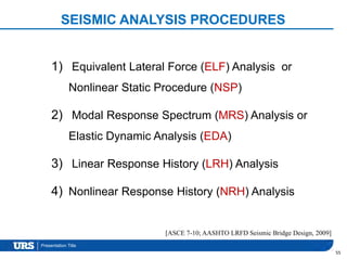 Presentation Title
SEISMIC ANALYSIS PROCEDURES
1) Equivalent Lateral Force (ELF) Analysis or
Nonlinear Static Procedure (NSP)
2) Modal Response Spectrum (MRS) Analysis or
Elastic Dynamic Analysis (EDA)
3) Linear Response History (LRH) Analysis
4) Nonlinear Response History (NRH) Analysis
55
[ASCE 7-10; AASHTO LRFD Seismic Bridge Design, 2009]
 