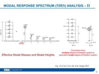 Presentation Title
MODAL RESPONSE SPECTRUM (MRS) ANALYSIS – II
58
Fig. 13.2.5 & 13.2.3, Dr. A.K. Chopra 2012
Effective Modal Masses and Modal Heights
Conversion from
multiple-degree-of-freedom system to
equivalent single-degree-of-freedom system
Period
 