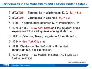 Presentation Title
Earthquakes in the Midwestern and Eastern United States?!
6
Intraplate Earthquakes
1) 8/23/2011 – Earthquake in Washington, D. C., Mw = 5.8
2) 8/23/2011 – Earthquake in Colorado, Mw = 5.3
3) 1980 – 5 earthquakes recorded N. of Philadelphia, PA
4) 1979 & 1980 – New York State and the adjacent areas
experienced 131 earthquakes of magnitude 1 to 5
5) 1931 – Valentine, Texas, magnitude 6.4 earthquake.
6) 1884 – New York City area
7) 1886, Charleston, South Carolina. Estimated
magnitude 6.8. Soil liquefaction.
8) 1811 & 1812 -- New Madrid, Missouri (7.2 ≤ M ≤ 8.3).
Soil liquefaction.
[www.geo.mtu.edu]
 