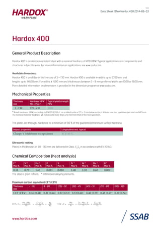 General Product Description
Hardox 400 is an abrasion resistant steel with a nominal hardness of 400 HBW. Typical applications are components and
structures subject to wear. For more information on applications see www.ssab.com.
Available dimensions
Hardox 400 is available in thicknesses of 3 – 130 mm. Hardox 400 is available in widths up to 3350 mm and
lengths up to 14630 mm. For widths ≤ 1600 mm and thicknesses between 3 - 8 mm preferred widths are 1500 or 1600 mm.
More detailed information on dimensions is provided in the dimension program at www.ssab.com.
Mechanical Properties
Thickness
mm
Hardness HBW
Min - Max1)
Typical yield strength
MPa
3 - 130 370 - 430 1000
1)
Brinell hardness, HBW, according to EN ISO 6506-1, on a milled surface 0.5 – 3 mm below surface. At least one test specimen per heat and 40 tons.
The nominal material thickness will not deviate more than ± 15 mm from that of the test specimen.
The plates are through-hardened to a minimum of 90 % of the guaranteed minimum surface hardness
Impact properties Longitudinal test, typical
Charpy V 10x10 mm test specimen 45 J/-40 0
C
Ultrasonic testing
Plates in thicknesses of 80 -130 mm are delivered in Class E2
S2
in accordance with EN 10160.
Chemical Composition (heat analysis)
C *)
Max %
Si *)
Max %
Mn *)
Max %
P
Max %
S
Max %
Cr *)
Max %
Ni *)
Max %
Mo *)
Max %
B *)
Max %
0.32 0.70 1.60 0.025 0.010 1.40 1.50 0.60 0.004
The steel is grain reﬁned. *)
Intentional alloying elements.
Maximum carbon equivalent CET (CEV)
Thickness
mm
- (8) 8 - 20 (20) - 32 (32) - 45 (45) - 51 (51) - 80 (80) - 130
CET (CEV) 0.26 (0.41) 0.31 (0.46) 0.32 (0.52) 0.33(0.60) 0.40 (0.59) 0.43 (0.67) 0.50 (0.76)
CET = C + + + CEV = C + + +
Hardox 400
www.hardox.com
1(2)
Data Sheet 151en Hardox 400 2014-06-03
Ni
40
Cr + Cu
20
Mn + Mo
10
Cu + Ni
15
Cr + Mo + V
5
Mn
6
 