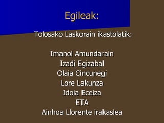 Egileak: Tolosako Laskorain ikastolatik: Imanol Amundarain Izadi Egizabal Olaia Cincunegi Lore Lakunza Idoia Eceiza ETA Ainhoa Llorente irakaslea 