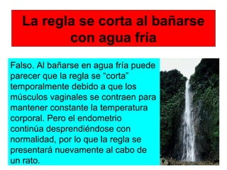 La regla se corta al bañarse
con agua fría
Falso. Al bañarse en agua fría puede
parecer que la regla se “corta”
temporalmente debido a que los
músculos vaginales se contraen para
mantener constante la temperatura
corporal. Pero el endometrio
continúa desprendiéndose con
normalidad, por lo que la regla se
presentará nuevamente al cabo de
un rato.
 