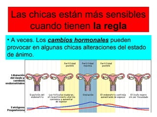 Las chicas están más sensibles
cuando tienen la regla
• A veces. Los cambios hormonales pueden
provocar en algunas chicas alteraciones del estado
de ánimo.
 