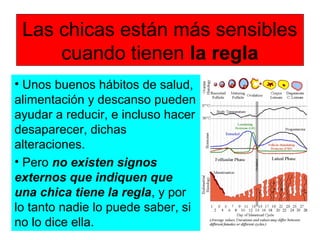 Las chicas están más sensibles
cuando tienen la regla
• Unos buenos hábitos de salud,
alimentación y descanso pueden
ayudar a reducir, e incluso hacer
desaparecer, dichas
alteraciones.
• Pero no existen signos
externos que indiquen que
una chica tiene la regla, y por
lo tanto nadie lo puede saber, si
no lo dice ella.
 