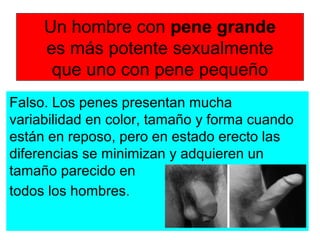 Un hombre con pene grande
es más potente sexualmente
que uno con pene pequeño
Falso. Los penes presentan mucha
variabilidad en color, tamaño y forma cuando
están en reposo, pero en estado erecto las
diferencias se minimizan y adquieren un
tamaño parecido en
todos los hombres.
 