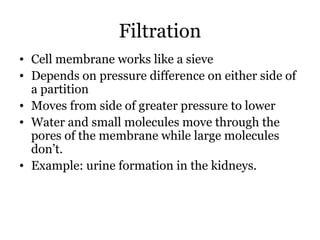 Filtration
• Cell membrane works like a sieve
• Depends on pressure difference on either side of
  a partition
• Moves from side of greater pressure to lower
• Water and small molecules move through the
  pores of the membrane while large molecules
  don’t.
• Example: urine formation in the kidneys.
 