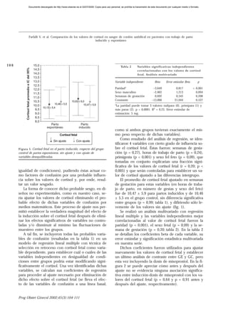 Documento descargado de http://www.elsevier.es el 02/07/2009. Copia para uso personal, se prohíbe la transmisión de este documento por cualquier medio o formato.




                                   Farfalli V, et al. Comparación de los valores de cortisol en sangre de cordón umbilical en pacientes con trabajo de parto
                                                                                     inducido y espontáneo




108                                                15,0                                                                Tabla 2         Variables significativas independientes
            Cortisol fetal promedio e IC del 95%




                                                   14,5                                                                                c o r relacionadas con los valores de cortisol
                                                   14,0                                                                                fetal. Análisis multivariado
                                                   13,5
                                                   13,0                                                           Variable independiente                Beta      Error estándar Beta           p
                                                   12,5
                                                   12,0                                                           Paridad*                            –3,649               0,817            < 0,001
                                                   11,5                                                           Sexo masculino                      –2,062               1,213              0,094
                                                   11,0                                                           Semanas de gestación                 0,692               0,545              0,208
                                                   10,5                           10,83 ± 6,0                     Constante                          –13,066              21,044              0,537
                                                                    10,48 ± 5,5             10,47 ± 5,9
                                                   10,0                                                           *La paridad puede tomar 3 valores: nulípara (0), primípara (1) y
                                                          10,13 ± 5,4
                                                    9,5                                                           más paras (2). p < 0,0001. R2 = 0,25. Error estándar de
                                                    9,0                                                           estimación: 5 mg.
                                                    8,5
                                                    8,0
                                                                Parto                      Parto
                                                             espontáneo                  inducido
                                                                                                                  como si ambos grupos tuvieran exactamente el mis-
                                                                        Cortisol fetal                            mo peso respecto de dichas variables).
                                                                   Sin ajuste        Con ajuste
                                                                                                                       Como resultado del análisis de regresión, se iden-
                                                                                                                  tificaron 4 variables con cierto grado de influencia so-
      Figura 1. Cortisol fetal en el parto inducido, respecto del grupo                                           bre el cortisol fetal. Éstas fueron: semanas de gesta-
      control de partos espontáneos, sin ajuste y con ajuste de                                                   ción (p = 0,27), horas de trabajo de parto (p = 0,24),
      variables desequilibradas.                                                                                  primigesta (p < 0,001) y sexo fel feto (p = 0,09), que
                                                                                                                  tomadas en conjunto explicarían una fracción signi-
                                                                                                                  ficativa de los valores de cortisol fetal (r = 0,20; p <
      igualdad de condiciones), pudiendo éstas actuar co-                                                         0,005) y que serán controladas para establecer un va-
      mo factores de confusión por una probable influen-                                                          lor de cortisol ajustado a las diferencias intergrupo.
      cia sobre los valores de cortisol y, por ende, resul-                                                            El promedio de cortisol fetal ajustado en semanas
      tar un valor sesgado.                                                                                       de gestación para estas variables (en horas de traba-
          La forma de conocer dicho probable sesgo, en di-                                                        jo de parto, en número de gestas y sexo del feto)
      seños no experimentales, como es nuestro caso, se-                                                          fue de 10,47 ± 5,9 para partos inducidos y de 10,46
      ría ajustar los valores de cortisol eliminando el pro-                                                      ± 5,5 en el grupo control, sin diferencia significativa
      bable efecto de dichas variables de confusión por                                                           entre grupos (p = 0,99; tabla 1), y difiriendo sólo le-
      medios matemáticos. Este proceso de ajuste nos per-                                                         vemente de los valores sin ajuste (fig. 1).
      mitió establecer la verdadera magnitud del efecto de                                                             Se realizó un análisis multivariado con regresión
      la inducción sobre el cortisol fetal después de elimi-                                                      lineal múltiple y las variables independientes mejor
      nar los efectos significativos de variables no contro-                                                      correlacionadas al valor de cortisol fetal fueron la
      ladas y/o disminuir al mínimo las fluctuaciones de                                                          paridad (p < 0,001), el sexo fetal (p = 0,09) y la se-
      muestreo entre los grupos.                                                                                  mana de gestación (p = 0,20; tabla 2). En la tabla 2
          A tal fin, se incluyeron todas las probables varia-                                                     se detallan los coeficientes beta de cada variable, su
      bles de confusión (resaltadas en la tabla 1) en un                                                          error estándar y significación estadística multivariada
      modelo de regresión lineal múltiple con técnica de                                                          en nuestra serie.
      selección en retroceso con cortisol fetal como varia-                                                            Dichos coeficientes fueron utilizados para ajustar
      ble dependiente, para establecer cuál o cuáles de las                                                       nuevamente los valores de cortisol fetal y establecer
      variables independientes en desigualdad de condi-                                                           un último análisis de contraste entre GE y GC, pero
      ciones entre grupos podría estar modificando signi-                                                         esta vez incluyendo la dosis de misoprostol. En la fi-
      ficativamente el cortisol. Una vez identificadas dichas                                                     gura 2 se puede apreciar cómo antes y después del
      variables, se calculan sus coeficientes de regresión                                                        ajuste no se evidencia ninguna asociación significa-
      para proceder al ajuste necesario por eliminación de                                                        tiva entre inducción-dosis de misoprostol con los va-
      dicho efecto sobre el cortisol fetal (se lleva el efec-                                                     lores del cortisol fetal (p = 0,64 y p = 0,91 antes y
      to de las variables de confusión a una línea basal,                                                         después del ajuste, respectivamente).


      Prog Obstet Ginecol 2002;45(3):104-111
 