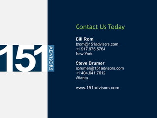Contact Us Today
Bill Rom
brom@151advisors.com
+1 917.975.5764
New York

Steve Brumer
sbrumer@151advisors.com
+1 404.641.7612
Atlanta

www.151advisors.com
 