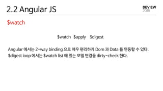 2.2 Angular JS
$watch
$watch $apply $digest
Angular 에서는 2-way binding 으로 매우 편리하게 Dom 과 Data 를 연동할 수 있다.
$digest loop 에서는 $watch list 에 있는 모델 변경을 dirty-check 한다.
 