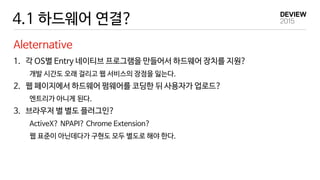 4.1 하드웨어 연결?
Aleternative
1. 각 OS별 Entry 네이티브 프로그램을 만들어서 하드웨어 장치를 지원?
개발 시간도 오래 걸리고 웹 서비스의 장점을 잃는다.
2. 웹 페이지에서 하드웨어 펌웨어를 코딩한 뒤 사용자가 업로드?
엔트리가 아니게 된다.
3. 브라우저 별 별도 플러그인?
ActiveX? NPAPI? Chrome Extension?
웹 표준이 아닌데다가 구현도 모두 별도로 해야 한다.
 