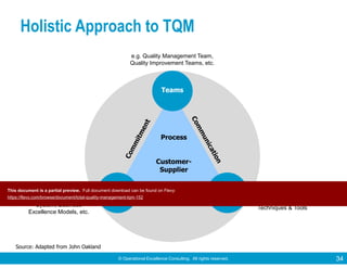 © Operational Excellence Consulting. All rights reserved. 34
Holistic Approach to TQM
Source: Adapted from John Oakland
Culture
Systems Tools
Teams
Process
Customer-
Supplier
e.g. ISO 9000 Quality
System, Business
Excellence Models, etc.
e.g. Problem Solving
Techniques & Tools
e.g. Quality Management Team,
Quality Improvement Teams, etc.
This document is a partial preview. Full document download can be found on Flevy:
https://flevy.com/browse/document/total-quality-management-tqm-152
 