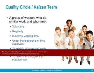 © Operational Excellence Consulting. All rights reserved. 67
Quality Circle / Kaizen Team
• A group of workers who do
similar work and who meet:
Voluntarily
Regularly
In normal working time
Under the leadership of their
supervisor
To identify, analyze and solve
“work-related” problems
To recommend solutions to
management
This document is a partial preview. Full document download can be found on Flevy:
https://flevy.com/browse/document/total-quality-management-tqm-152
 