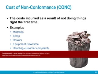 © Operational Excellence Consulting. All rights reserved. 91
Cost of Non-Conformance (CONC)
• The costs incurred as a result of not doing things
right the first time
• Examples
Mistakes
Scrap
Rework
Equipment Downtime
Handling customer complaints
Warranty claims
Customer return analysis
This document is a partial preview. Full document download can be found on Flevy:
https://flevy.com/browse/document/total-quality-management-tqm-152
 