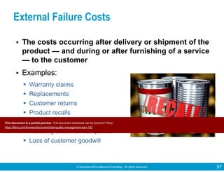 © Operational Excellence Consulting. All rights reserved. 97
External Failure Costs
• The costs occurring after delivery or shipment of the
product — and during or after furnishing of a service
— to the customer
• Examples:
Warranty claims
Replacements
Customer returns
Product recalls
Customer return analysis
Handling customer complaints
Loss of customer goodwill
This document is a partial preview. Full document download can be found on Flevy:
https://flevy.com/browse/document/total-quality-management-tqm-152
 
