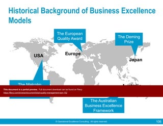 © Operational Excellence Consulting. All rights reserved. 106
Historical Background of Business Excellence
Models
Japan
USA Europe
The Deming
Prize
The Deming
Prize
The Malcolm
Baldrige National
Quality Award
The Malcolm
Baldrige National
Quality Award
The European
Quality Award
The European
Quality Award
The Australian
Business Excellence
Framework
The Australian
Business Excellence
Framework
Australia
This document is a partial preview. Full document download can be found on Flevy:
https://flevy.com/browse/document/total-quality-management-tqm-152
 