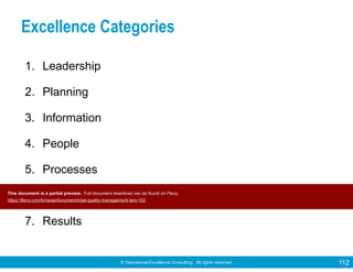 © Operational Excellence Consulting. All rights reserved. 112
Excellence Categories
1. Leadership
2. Planning
3. Information
4. People
5. Processes
6. Customers
7. Results
This document is a partial preview. Full document download can be found on Flevy:
https://flevy.com/browse/document/total-quality-management-tqm-152
 
