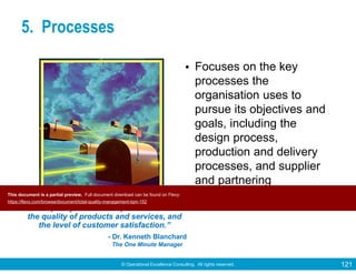 © Operational Excellence Consulting. All rights reserved. 121
5. Processes
• Focuses on the key
processes the
organisation uses to
pursue its objectives and
goals, including the
design process,
production and delivery
processes, and supplier
and partnering
management processes.
“The quality of leadership will determine
the quality of products and services, and
the level of customer satisfaction.”
- Dr. Kenneth Blanchard
The One Minute Manager
This document is a partial preview. Full document download can be found on Flevy:
https://flevy.com/browse/document/total-quality-management-tqm-152
 