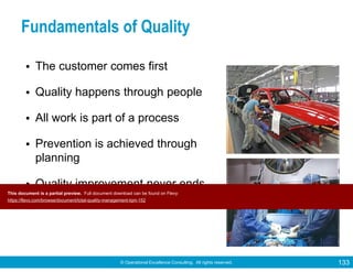 © Operational Excellence Consulting. All rights reserved. 133
Fundamentals of Quality
• The customer comes first
• Quality happens through people
• All work is part of a process
• Prevention is achieved through
planning
• Quality improvement never ends
This document is a partial preview. Full document download can be found on Flevy:
https://flevy.com/browse/document/total-quality-management-tqm-152
 