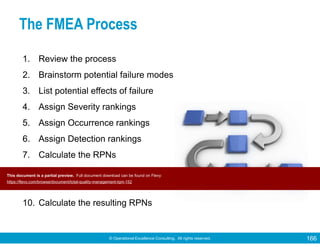 © Operational Excellence Consulting. All rights reserved. 166
The FMEA Process
1. Review the process
2. Brainstorm potential failure modes
3. List potential effects of failure
4. Assign Severity rankings
5. Assign Occurrence rankings
6. Assign Detection rankings
7. Calculate the RPNs
8. Develop the action plan
9. Take action
10. Calculate the resulting RPNs
Tools & Techniques for Total Quality
This document is a partial preview. Full document download can be found on Flevy:
https://flevy.com/browse/document/total-quality-management-tqm-152
 