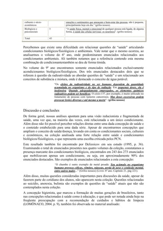 culturais e sócio-                  emoções e sentimentos que ameaçam o bem-estar das pessoas, não é pequena,
 econômicos                          principalmente hoje em dia.” (grifos nossos).
 Biológicos e         3              “A saúde física, mental e emocional de qualquer pessoa está ligada, de alguma
 psicossociais                       forma, à saúde das células nervosas: os neurônios”. (grifos nossos).

 Total                43


Percebemos que existe uma dificuldade em relacionar questões de “saúde” articulando
condicionantes biológicos/fisiológicos e ambientais. Vale notar que o mesmo ocorreu, ao
analisarmos o volume do 6º ano, onde predominaram enunciados relacionados aos
condicionantes ambientais. Ali também notamos que a referência contendo esta mesma
combinação de condicionantestambém se deu de forma tímida.
No volume do 9º ano encontramos somente enunciados relacionados exclusivamente
acondicionantes biológicos/fisiológicos. Dos três enunciados destacados dois que se
referem à questão da radioatividade ao abordar questões de “saúde” e um relacionado aos
conceitos de substância e mistura, onde é destacado o conceito de água potável.
                           “Os efeitos da radioatividade no ser humano dependem da quantidade
                           acumulada no organismo e do tipo de radiação. Em pequenas doses, ela é
                           inofensiva. Quando adequadamente empregados, os elementos químicos
                           radioativos podem ser benéficos. O césio-137, por exemplo, é muito utilizado no
                           tratamento de pessoas com tumores cancerosos. Mas doses excessivas podem
                           provocar lesões diversas e até mesmo a morte”. (grifos nossos)


Discussão e conclusões
De forma geral, nossas análises apontam para uma visão reducionista e fragmentada de
saúde, uma vez que, na maioria das vezes, está relacionada a um único condicionante.
Além disso não foi possível perceber relações diretas entre uma dada concepção de saúde e
o conteúdo estabelecido para uma dada série. Apesar de encontrarmos concepções que
ampliam o conceito de saúde/doença, levando em conta os condicionantes sociais, culturais
e econômicos, na coleção analisada uma forte relação entre saúde e condicionantes
biológicos/fisiológicos, o que representa uma escolha criticada pelos PCN.
Este resultado também foi encontrado por Delizoicov em seu estudo (1995, p. 36).
Examinando o total de enunciados presentes nos quatro volumes da coleção, constatamos a
presença marcante dos condicionantes biológicos, encontrados em 243 dos 273 enunciados
que mobilizavam apenas um condicionante, ou seja, em aproximadamente 90% dos
enunciados destacados. São exemplos de enunciados relacionados a esta concepção:
                           “O chumbo é outro exemplo de metal pesado. Seu acúmulo no organismo
                           humano provoca cólicas, vômitos, náuseas, perda de peso e confusão mental,
                           entre outros males...” (Grifos nossos) (Livro: 6º ano. Capitulo 21, pág 221).
Além disso, muitas questões consideradas importantes para discussões da saúde, apesar de
fazerem parte do cotidiano dos alunos, não aparecem nesta coleção. Questões relacionadas
ao suicídio, anorexia, bulimia são exemplos de questões de “saúde” atuais que não são
contemplados nesta coleção.
A concepção higienista, que marcou a formação de muitas gerações de brasileiros, tanto
nas concepções relacionadas à saúde como à educação, e que pode ser notada ainda hoje na
freqüente preocupação com a recomendação de cuidados e hábitos de limpeza
(LOMÔNACO, 2004. p. 9), também foi observada no material analisado:
 