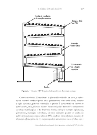Anais da Academia Pernambucana de Ciência Agronômica, vols. 8 e 9, p.107-137, 2011/2012.
117
E. BEZERRA NETO & L.P. BARRETO
Figura 3. — Sistema NFT de cultivo hidropônico em disposição vertical.
Cultivo com substratos. Neste sistema as plantas são cultivadas em vasos, e utiliza–
se um substrato inerte ou pouco ativo quimicamente como areia lavada, cascalho
e argila expandida, para dar sustentação às plantas. É considerado um sistema de
cultivo aberto, isto é, a solução nutritiva não retorna para o depósito. O fornecimento
da solução nutritiva pode se dar de diversas formas, como por exemplo: capilaridade,
gotejamento, inundação e circulação. Diversos recipientes podem ser usados no
cultivo com substratos: vasos, tubos de PVC, canaletas, filmes plásticos, canteiros de
alvenarias, telhas, sacos, etc. Os canteiros podem ser suspensos ou ao nível do solo e
 