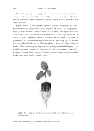 120 AS TÉCNICAS DE HIDROPONIA
Anais da Academia Pernambucana de Ciência Agronômica, vols. 8 e 9, p.107-137, 2011/2012.
Vermiculita. É um tipo de argila preparada para cultivo hidropônico, após a sua
expansão a alta temperatura. É um material leve, com pH variando de 6,0 a 9,5 e
tem boa capacidade de troca de cátions. Pode ser utilizada pura ou em mistura com
outros materiais.
Espuma fenólica. É um material orgânico (espuma polifenólica, de uréia–
formaldeído ou de poliestireno), inerte, apresenta pH ácido, e de manejo fácil e
rápido, comercializado na forma de placas de 32 x 40 cm, com espessuras de 2 ou
4 cm e com as células pré–marcadas nas dimensões 2 x 2 cm, o que resulta em 320
células por placa. No caso da utilização da espuma fenólica, antes da semeadura as
placas devem ser tratadas com uma base e lavadas em água limpa, para a retirada de
materiais ácidos utilizados na sua fabricação (Bezerra Neto et al., 2010). A espuma
fenólica é bastante empregada no preparo de mudas para cultivo hidropônico, em
virtude de poder ser transplantada conjuntamente com a muda para o local definitivo,
protegendo assim o sistema radicular (Figura 6). Apresenta a vantagem de não deixar
resíduos na solução nutritiva (Schulz, 2008).
Figura 6. — Espuma fenólica com uma plântula em condições de ser
transplantada.
 