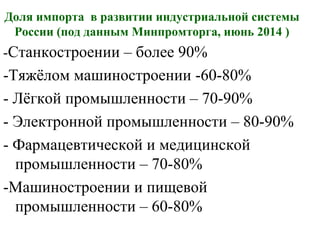 Доля импорта в развитии индустриальной системы
России (под данным Минпромторга, июнь 2014 )
-Станкостроении – более 90%
-Тяжёлом машиностроении -60-80%
- Лёгкой промышленности – 70-90%
- Электронной промышленности – 80-90%
- Фармацевтической и медицинской
промышленности – 70-80%
-Машиностроении и пищевой
промышленности – 60-80%
 