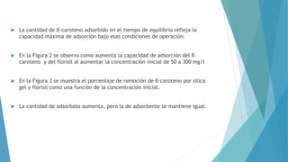  La cantidad de β–caroteno adsorbido en el tiempo de equilibrio refleja la
capacidad máxima de adsorción bajo esas condiciones de operación.
 En la Figura 2 se observa como aumenta la capacidad de adsorción del β–
caroteno y del florisil al aumentar la concentración inicial de 50 a 300 mg/l
 En la Figura 3 se muestra el porcentaje de remoción de β–caroteno por silica
gel y florisil como una función de la concentración inicial.
 La cantidad de adsorbato aumenta, pero la de adsorbente se mantiene igual.
 