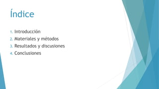 Índice
1. Introducción
2. Materiales y métodos
3. Resultados y discusiones
4. Conclusiones
 