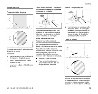 MS 170, MS 170 C, MS 180, MS 180 C
brasileiro
13
Entalhe direcional
Preparar o entalhe direcional
O entalhe direcional (C) define a direção
de queda da árvore.
Importante:
– o entalhe deve formar um ângulo à
direita com a direção de queda
– fazer o entalhe direcional o mais
próximo do solo
– cortar entre 1/5 até 1/3 do diâmetro
do tronco
Definir entalhe direcional – com a linha
de orientação que está na cobertura e
na carcaça do ventilador
Esta motosserra está equipada com
uma linha de orientação que está na
cobertura e na carcaça do ventilador.
Utilizar esta linha de orientação.
Aplicar o entalhe direcional
Ao aplicar o entalhe direcional,
posicionar a motosserra de tal forma,
que o entalhe direcional forme um
ângulo à direita com a direção de queda.
Para utilizar o entalhe direcional,
existem várias posições e técnicas para
realizar os cortes (horizontal e
inclinado). Consulte leis e normas
nacionais sobre técnicas de derrubada.
N Realizar o corte horizontal.
N Fazer um corte inclinado em
aproximadamente 45°- 60° em
relação ao corte horizontal
Verificar a direção de queda
N Inserir o sabre na base do entalhe
direcional. A linha de orientação
deve estar na direção definida de
queda da árvore. Se necessário,
fazer a correção da direção de
queda do entalhe direcional.
Cortes de alburno
No corte de árvores com fibras longas,
os cortes de alburno evitam possíveis
rachaduras ocasionadas pela queda.
Os cortes de alburno devem ser feitos
001BA271KN
C
C
001BA153KN
001BA153KN001BA150KN
 