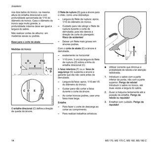 MS 170, MS 170 C, MS 180, MS 180 C
brasileiro
14
nos dois lados do tronco, na mesma
altura do entalhe direcional e com
profundidade aproximada de 1/10 do
diâmetro do tronco. Caso o diâmetro do
tronco seja muito grande, a
profundidade máxima deve ser igual à
largura do sabre.
Não realizar cortes de alburno em
madeiras secas ou podres.
Base para o corte de abate
Medidas do tronco
O entalhe direcional (C) define a direção
de queda da árvore.
O filete de ruptura (D) guia a árvore para
o chão, como uma dobradiça.
– Largura do filete de ruptura: aprox.
1/10 do diâmetro do tronco.
– Cuidado para não atingir o filete de
ruptura durante o corte de
derrubada, pois isto desvia a
direção de corte do planejado.
Risco de acidentes!
– Deixar um filete mais grosso em
árvores podres.
Com o corte de abate (E) a árvore é
derrubada.
– exatamente na horizontal
– 1/10 (mín. 3 cm) da largura do filete
de ruptura (D) sobre a linha do
entalhe direcional (C)
A faixa retentora (F) ou a faixa de
segurança (G) sustenta a árvore e
garante que ela não cairá antes da
derrubada.
– Largura da faixa: aprox. 1/10 até 1/5
do diâmetro do tronco.
– Cuidar para não cortar a faixa
durante o corte da árvore.
– Ao cortar troncos podres, usar uma
faixa mais larga.
Entalhe
– Para fazer o corte de descarga ao
cortar ao comprimento.
– Para realizar trabalhos artísticos.
N Utilizar corrente que diminua a
probalidade de rebote e ter atenção
redobrada.
1. Introduzir o sabre com a parte
inferior da ponta, não com a parte
superior. Perigo de rebote!
Introduzir o sabre no tronco, até
duas vezes a largura do sabre.
2. Guiar a máquina lentamente até a
posição de entalhe. Perigo de
rebote ou repulsão!
3. Entalhar com cuidado. Perigo de
repulsão!
G
001BA259KN
C
E
D
1/10
C
3.
001BA269KN
1.
2.
 