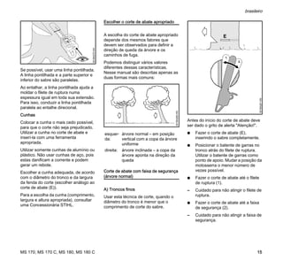 MS 170, MS 170 C, MS 180, MS 180 C
brasileiro
15
Se possível, usar uma linha pontilhada.
A linha pontilhada e a parte superior e
inferior do sabre são paralelas.
Ao entalhar, a linha pontilhada ajuda a
moldar o filete de ruptura numa
espessura igual em toda sua extensão.
Para isso, conduzir a linha pontilhada
paralela ao entalhe direcional.
Cunhas
Colocar a cunha o mais cedo possível,
para que o corte não seja prejudicado.
Utilizar a cunha no corte de abate e
inserí-la com uma ferramenta
apropriada.
Utilizar somente cunhas de alumínio ou
plástico. Não usar cunhas de aço, pois
estas danificam a corrente e podem
gerar um rebote.
Escolher a cunha adequada, de acordo
com o diâmetro do tronco e da largura
da fenda do corte (escolher análogo ao
corte de abate (E)).
Para a escolha da cunha (comprimento,
largura e altura apropriada), consultar
uma Concessionária STIHL.
Escolher o corte de abate apropriado
A escolha do corte de abate apropriado
depende dos mesmos fatores que
devem ser observados para definir a
direção de queda da árvore e os
caminhos de fuga.
Podemos distinguir vários valores
diferentes dessas características.
Nesse manual são descritas apenas as
duas formas mais comuns:
Corte de abate com faixa de segurança
(árvore normal)
A) Troncos finos
Usar esta técnica de corte, quando o
diâmetro do tronco é menor que o
comprimento de corte do sabre.
Antes do início do corte de abate deve
ser dado o grito de alerta "Atenção!".
N Fazer o corte de abate (E),
inserindo o sabre completamente.
N Posicionar o batente de garras no
tronco atrás do filete de ruptura.
Utilizar o batente de garras como
ponto de apoio. Mudar a posição da
motosserra o menor número de
vezes possível.
N Fazer o corte de abate até o filete
de ruptura (1).
– Cuidado para não atingir o filete de
ruptura.
N Fazer o corte de abate até a faixa
de segurança (2).
– Cuidado para não atingir a faixa de
segurança.
001BA270KN
esquer-
da:
árvore normal – em posição
vertical com a copa da árvore
uniforme
direita: árvore inclinada – a copa da
árvore aponta na direção da
queda
001BA260KN
001BA261KN
1.
2.
 