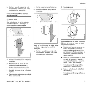 MS 170, MS 170 C, MS 180, MS 180 C
brasileiro
17
N Cortar a faixa de segurança pelo
lado externo, inclinado para cima,
com os braços estendidos.
Corte de abate com faixa retentora
(árvore inclinada)
A) Troncos finos
Usar esta técnica de corte, quando o
diâmetro do tronco é menor que o
comprimento de corte do sabre.
N Inserir o sabre até sair no outro lado
do tronco.
N Fazer o corte de abate (E) em
direção do filete de ruptura (1).
– Cortar exatamente na horizontal.
– Cuidado para não atingir o filete de
ruptura.
N Fazer o corte de abate em direção à
faixa retentora (2).
– Cortar exatamente na horizontal.
– Cuidado para não atingir a faixa
retentora.
Antes do início do corte de abate, deve
ser dado o segundo grito de alerta
"Atenção!".
N Cortar a faixa de segurança pelo
lado externo, inclinado para cima,
com os braços estendidos.
B) Troncos grossos
Realizar este corte de abate, quando o
diâmetro do tronco for maior do que o
comprimento do sabre.
N Posicionar o batente de garras no
tronco atrás da faixa retentora.
Utilizar o batente de garras como
ponto de apoio. Mudar a posição da
motosserra o menor número de
vezes possível.
N Introduzir a ponta do sabre na frente
do filete de ruptura (1). Manter a
máquina na horizontal e procurar
atingir a maior área possível.
– Cuidado para não atingir a faixa
retentora e o filete de ruptura.
N Fazer o corte de abate até o filete
de ruptura (2).
– Cuidado para não atingir o filete de
ruptura.
1. 2.
001BA265KN
001BA266KN
001BA267KN
1.
2. 3.
4.
5. 6.
 