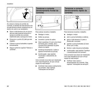 MS 170, MS 170 C, MS 180, MS 180 C
brasileiro
22
Ao colocar a tampa do pinhão da
corrente, os dentes da roda tensora e da
arruela tensora devem engrenar-se um
dentro do outro e se necessário:
N Girar a roda tensora (4) um pouco,
até que seja possível empurrar a
tampa do pinhão da corrente
totalmente até a carcaça do motor.
N Empurrar o punho (5) (até que ele
engate).
N Colocar a porca borboleta e apertá-
la levemente.
N Segue conforme capítulo "Esticar a
corrente".
Para esticar durante o trabalho:
N Desligar o motor.
N Soltar as porcas.
N Levantar a ponta do sabre.
N Girar o parafuso (1) com uma chave
de fenda para a direita, até a
corrente ficar apertada na parte
inferior do sabre.
N Continuar levantando o sabre e
apertar firmemente as porcas.
N Continuação: veja capítulo
"Controlar o esticamento da
corrente".
Uma corrente nova deve ser reesticada
com mais frequência, do que uma já
usada há mais tempo!
N Controlar mais vezes o esticamento
da corrente. Veja capítulo
"Indicações de serviços".
Para tensionar durante o trabalho:
N desligar o motor;
N abrir a porca borboleta e soltá-la;
N girar a roda tensora (1) para a
direita até o encosto;
N apertar a porca borboleta (2) bem
firme com a mão;
N fechar o cabo da porca borboleta;
N continuação: veja capítulo "Verificar
o tensionamento da corrente".
Uma corrente nova deve ser reesticada
com mais freqüência do que uma já
usada há mais tempo!
N Verificar mais vezes o
tensionamento da corrente. Veja
capítulo "Indicações de serviços".
4
5
2310BA018KN
Tensionar a corrente
(tensionamento frontal da
corrente)
1
143BA045KN
Tensionar a corrente
(tensionamento rápido da
corrente)
1
2
001BA112KN
 