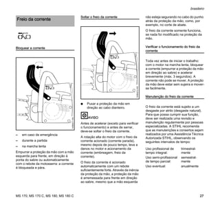 MS 170, MS 170 C, MS 180, MS 180 C
brasileiro
27
Bloquear a corrente
– em caso de emergência
– durante a partida
– na marcha lenta
Empurrar a proteção da mão com a mão
esquerda para frente, em direção à
ponta do sabre ou automaticamente
com o rebote da motosserra: a corrente
é bloqueada e pára.
Soltar o freio da corrente
N Puxar a proteção da mão em
direção ao cabo dianteiro.
AVISO
Antes de acelerar (exceto para verificar
o funcionamento) e antes de serrar,
deve-se soltar o freio da corrente.
A rotação alta do motor com o freio da
corrente acionado (corrente parada),
mesmo depois de pouco tempo, leva a
danos no motor e acionamento da
corrente (embreagem, freio da
corrente).
O freio da corrente é acionado
automaticamente com um rebote
suficientemente forte. Através da inércia
da proteção da mão, a proteção da mão
é arremessada para frente em direção
ao sabre, mesmo que a mão esquerda
não esteja segurando no cabo do punho
atrás da proteção da mão, como, por
exemplo, no corte de abate.
O freio da corrente somente funciona,
se nada foi modificado na proteção da
mão.
Verificar o funcionamento do freio da
corrente
Toda vez antes de iniciar o trabalho:
com o motor na marcha lenta, bloquear
a corrente (empurrar a proteção da mão
em direção ao sabre) e acelerar
brevemente (máx. 3 segundos). A
corrente não pode se mover. A proteção
da mão deve estar sem sujeira e mover-
se facilmente.
Manutenção do freio da corrente
O freio da corrente está sujeito a um
desgaste por atrito (desgaste natural).
Para que possa cumprir sua função,
deve ser realizada uma revisão e
manutenção regularmente por pessoas
especializadas. A STIHL recomenda
que as manutenções e consertos sejam
realizados por uma Assistência Técnica
Autorizada STIHL, observando os
seguintes intervalos de tempo:
Freio da corrente
143BA011KN
143BA012KN
Uso profissional de
tempo integral:
trimestral-
mente
Uso semi-profissional
de tempo parcial:
semestral-
mente
Uso eventual: anualmente
 