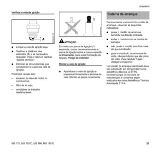 MS 170, MS 170 C, MS 180, MS 180 C
brasileiro
35
Verificar a vela de ignição
N Limpar a vela de ignição suja.
N Verificar a distância dos
eletrodos (A) e se necessário,
reajustar. Veja o valor no capítulo
"Dados técnicos".
N Eliminar as circunstâncias que
conduziram a sujeira na vela de
ignição.
Possíveis causas são:
– excesso de óleo de motor no
combustível;
– filtro de ar sujo;
– condições de trabalho
desfavoráveis.
ATENÇÃO
Em vela com porca de ligação (1)
separada, roscar necessariamente a
porca de ligação sobre a rosca e apertá-
la firmemente, para evitar formação de
faíscas. Perigo de incêndio!
Montar a vela de ignição
N Aparafusar a vela de ignição e
pressionar firmemente o terminal da
vela. Montar as peças novamente.
Para aumentar a vida útil do cordão de
arranque, observar as seguintes
indicações:
N puxar o cordão de arranque
somente na direção indicada;
N evitar o contato com os cantos da
carcaça;
N não puxar o cordão para fora mais
do que o indicado;
N guiar o manípulo de arranque de
volta, não permitindo que ele corra
de volta. Veja capítulo "Ligar /
desligar a máquina".
Um cordão de arranque danificado deve
ser substituído em tempo hábil numa
assistência técnica. A STIHL
recomenda que os serviços de
manutenção e consertos sejam
realizados em uma Assistência Técnica
Autorizada STIHL.
000BA039KN
A
1
000BA045KN
Sistema de arranque
 