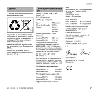 MS 170, MS 170 C, MS 180, MS 180 C
brasileiro
47
O descarte deve obedecer à legislação
específica de cada país.
Os produtos da STIHL não devem ser
descartados no lixo doméstico. Destinar
o produto, a bateria, os acessórios e a
embalagem STIHL para reciclagem
ambientalmente correta.
As baterias da STIHL também podem
ser devolvidas em uma Concessionária
STIHL.
Informações atualizadas sobre o
descarte estão disponíveis nos pontos
de venda STIHL.
ANDREAS STIHL AG & Co. KG
Badstr. 115
D-71336 Waiblingen
certifica que a máquina,
corresponde às prescrições de
aplicação das normas 2006/42/EG,
2004/108/EG e 2000/14/EG e que o
produto foi desenvolvido e produzido em
conformidade com a data aplicável para
as versões das seguintes normas:
EN ISO 11681-1, EN 55012,
EN 61000-6-1
Para a obtenção do nível de potência
sonora medido e garantido, procedeu-
se de acordo com a Norma 2000/14/EG,
Anexo V, utilizando a Norma ISO 9207.
Nível de potência sonora medido
Nível de potência sonora garantido
Organismo certificador envolvido:
DPLF
Deutsche Prüf- und Zertifizierungsstelle
für Land- und Forsttechnik GbR
(NB 0363)
Spremberger Straße 1
D-64823 Groß-Umstadt
Arquivo da documentação técnica:
ANDREAS STIHL AG & Co. KG
Produktzulassung
(Liberação de produto)
O ano de construção e o número da
máquina são indicados no
equipamento.
Waiblingen, 15.08.2014
ANDREAS STIHL AG & Co. KG
i. V.
Thomas Elsner
Diretor Grupos de Produtos
Management
Descarte
000BA073KN
Declaração de conformidade
EG
Tipo: Motosserra
Marca de fabricação: STIHL
Modelo: MS 170
MS 180
MS 180 C
Identificação de série: 1130
Cilindrada
todas as MS 170: 30,1 cm3
todas as MS 180: 31,8 cm3
todas as MS 170: 109 dB(A)
todas as MS 180: 110 dB(A)
todas as MS 170: 111 dB(A)
todas as MS 180: 112 dB(A)
Nº de certificação
todas as MS 170: K-EG-2009/3408
todas as MS 180: K-EG-2009/3409
 