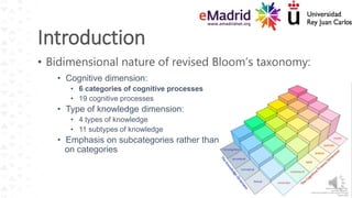 • Bidimensional nature of revised Bloom’s taxonomy:
• Cognitive dimension:
• 6 categories of cognitive processes
• 19 cogn...