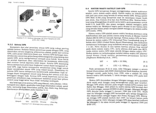 l ()O (ilorlr,..;r Srllr,lil
Monopote Helix Spiral Helix Micro.rtrip
Gambar 9.15 Beberapa jenis antena
Card
-* $@-;+
rry $ffiflf W
,,1;i:1ff,,ffi
t>@@t* chip
Srslcnr Srrlr,/rt Naurr;rrsr l() I
9.4 SISTEM WAKTU SATELIT DAN GPS
Satelit GPS beroperasi dengan menggunakan sistem waktunya
sendiri, yaitu sisfem uakfit satelit. Sistem waktu ini didefinisikan
oleh jam-jam atom yang berada di setiap satelit GpS. Setiap satelit
GPS Blok II/IIA yang beroperasi saat ini membawa empat buah
jam atom, dua Cesium (Cs) dan dua Rubidum (Rb). Semua freku-
ensi yang dibangkitkan di satelit serta waktu pentransmisian untuk
kode-C/A, kode-P(Y), dan pesan navigasi, adalah mengacu pada,
sistem waktu ini. Meskipun begitu patut dicatat di sini bahwa data
yang berada dalam pesan navigasi adalah mengacu ke sistem u-takfit
GPS lLeick, 19951.
Sistem waktu GPS adalah sistem waktu berskala kontinyu yang
didefinisikan oleh jam (atom) utama yang berada di Moster control
Station (MCS) GPS di Colorado Springs. Sistem waktu GpS ini bere-
ferensi ke sistem waktu UTC (Uniuersal Time Coordinated) yang di-
kelola oleh USNO (United Sfates Naual Obseruatoryl, dan keduanya
mempunyai hubungan yang terdefinisi secara teliti sampai tingkat
1 n sec. Perlu dicatat di sini bahwa karena adanya leap second.
pada skala sistem waktu UTC, serta adanya dift pad,ajam MCS,
maka sistem waktu GPS tidak identik dengan sistem waktu UTC.
Kedua sistem ini terhubungkan melalui sistem waktu rNl (Interna-
tional Atomic Clockl melalui persamaan-persamaan berikut
lHoffmann- Wellenhof et. al., 1997 l:
cPS + 19."000,
UTC + (1. "OOO).n
Pada persamaan (9.2) di atas, nilai bilangan integer n secara
formal diumumkan oleh IERS (/nfernational EorthRotation seruicel.
Sebagai contoh, pada bulan Juni 1996, nitai n adalah 3O, yang
berarti waktu GPS berbeaa'i f detik dengan waktu UTC pada saat
tersebut.
Waktu GPS dinyatakan dengan bilangan minggu serta fiumlah)
detik sejak awal minggu yang bersangkutan pada saat tersebut.
Minggu GPS selalu dimulai pada tengah malam (UTC) antara hari
Sabtu dan Minggu. Oleh sebab itu waktu (detik) GpS berubah dari
O di awal minggu, sampai 604800 di akhir minggu. Bilangan Minggu
GPS dimulai pada tanggal 5 Januari 1980 jam 0:O0 UTC. Sejak
saat itu bilangan minggu GPS bertambah satu setiap minggunya,
dan dipancarkan sebagai bagian dari Pesan Navigasi GpS. Bilang-
an minggu GPS adalah modulo dari 1024. Ini berarti bah.wa pada
akhirminggu ke 1O23, bilangan minggu GPS akan kembali (roilouerl
ke bilangan O. Ini akan terjadi pada tanggal 21 Agustus 1999 jam
0:OO UTC.
Garnbar 9.'l 4 Evolusi rekrr.ologi UE (Uscr Equipmerttl GpS
IGPSJPO, t9961
9.3.2 Antena GPS
Komponen dari alat oenerima sinyal GpS yang cukup pentingadalah antena. Bahkan dalam p".r.rirr.., posisi dengan CeS, y.rgditentukan secara langsung
"et..,.^.nya adalah posisi dari antenaGPS, yaitu pusat erektronis (fase)-nya. Antena cps uerrungsi men_deteksi dan menerima gelombang elektromagnetik yang datang darisatelit GPS, serta mengubahnya menjadi arus listrik. Arus tistrikini setelah diperkuat akan dikirimkan ke kompone, eiettronikadari receiver untuk diproses rebih ranjut. Antena crs ai=.*pi.rgharus mempunyai polarisasi lingkaran untuk dapat mengamati si_nyal GpS, juga harus mempunlai sensitivit"" V""g ii"lgi untukdapat mendeteksi sinyal GpS yang relatif tem.fr. 6i".iipirrg it,antena GpS harus mempunyai karakteristik sedemikian rupa se_hingga rlapat meng:T3ti sinyal yang datang dari semua arah danketinggian dengan baik. Antena'Gps untuk keperruan survai danpemetaan sebaiknya juga-mempunyai stabilitas pusat fase (phasecenter) yalg tinggi serta 'daya torak, terhadap *"rtrp"ii.
"
Ada beberapa jenis antena^-GpS yang dikenal, yaitu [Seeber,l993]:monopole ataw dipole, qtadrifilar hetix(ugadinamakan uolute), spiralhelix, microstnp (iuga
-dinamakan
p aich1,
-dan
cho ke nng. Beberapadiantaranya ditunjukkan pada Gambar 9.15.
IAT
IAT
(e.1)
(e.21
Choke Ring
GPS
 