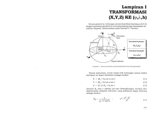 Lampiran I
TRANSFORMASI
(XrYrzl KE (<p,I,hl
Secara geometris, hubungan antara koordinat kartesian (X,Y,Z)
dengan koordinat geodetik (q,I,h)yang kadang juga dinamakan ko-
ordinat ellipsoid, diilustrasikan pada Gambar I.1 berikut.
Gar-nbar 1. Sistcm koordinat geosentril< (kartesian d.rn geodetik)
Secara matematis, untuk setiap titik hubungan antara
koordinat ini dapat dituliskan sebagai berikut:
X = (R* + h).cos t2.cos )"
Y = (R* + h).cos tp.sin L
Z = ((l-e2).R,, + h).sin i"
Koordinat Kartesian
(xA,YA,ZA)
Koordinat Geodetik :
(9a,l"a,ha)
kedua
(r.1)
(r 2l
(r.3)
(t.4)
',20()
dimana R* dan e adalah jari-jari kelengkungan vertikal dan
eksentrisitas ellipsoid referensi, yang keduanya dapat dihitung
sebagai berikut:
z
1 - e2. sin2g
Rtrl =
.) -.)c a'-b'a---
,v-)
a'
 