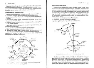 20 Geodesi Satelit
Pada saat Bumi bergerak mengelilingi Matahari, Bumi juga ber-
putar terhadap sumbu iotasinya. perputaran Bumi terhadap sumbu
iotasinya ini mempunyai spektrum dinamikayang relatif luas, dan
dijelaskan secara umum pada sub-sub bab berikut ini'
2.9.1 Parameter Orientasi Bumi
Dalam pendefinisian dan realisasi sistem koordinat ada bebera-
p" p"."r.r"ter orientasi Bumi yang perlu diperhatikan, yaitu:
. p.rg.r"kan sumbu rotasi bumi dalam ruang inersia (Presesi dan
Nutasi),
p.rg".^k^r, sumbu rotasi bumi relatif terhadap kerak bumi
(pergerakan kutub), dan
iiukluasi dalam kecepatan rotasi bumi [perubahan panjang hari
(LOD, length of dagll.
-Gaya-gaya yang mempengaruhi rotasi bumi pada dasarnya da-
pat dikelomPokkan atas:
' gaya gravitasional dari benda-benda langit lainnya,
o gala tekan (loadingl atmosfer dan air laut, serta
. f,.igerakt., *"""" baik di dalam bumi, daratan, lautan' dan
atmosfer, maupun pergerakan dari lempeng-lempeng Bumi'
Gambar 2.5 berikut mengilustrasikan gaya-gaya yang dapat
mempengaruhi gerakan rotasi Bumi'
Air Laut 
i
Tekanan
,l
- l.t
Pencairan Es
Konveksi
Tekanan
Atmosfhr
AnSm,
Plume
t Air per-
mukaan
Gempa
Bumi
Gaya tarik
Matahari
& Bulan
Arus
Laut
Gambar 2.5 Gaya-gaya yang mempengaruhi rotasi Bumi; diadaptasi dari
lDickeg, 19951.
SLsletr Koortltrtttl ') I
2.3.2 Presesi dan Nutasi
Kalau dilihat dalam sualtr ruang inersia, sumbu rotasi butrrr
dan bidang ekuator bumi tidaklah tetap, melainkan bergerak yang
sifatnya rotasional. Pergerakan sumbu rotasi bumi dalam ruang
ini merupakan respon dari ketidak simetrian dan non-rigiditas dari
bumi terhadap gaya tarik bulan, matahari, dan planet-planet; dan
juga dari moda rotasi bumi yang bebas itu sendiri. Pergerakan to-
tal dari surnbu rotasi bumi dalam ruang ini mempunyai dua kom-
ponen utama, yaitu:
. komponen sekular (dinamakan Presesi), dan
. komponen periodik (dinamakan lVutasi).
seperti yang ditunjukkan pada Gambar 2.6 berikut.
presesr
dan nutasi
- * Presesr
^'r-$]...""""""
"""'...
,59"oY
-
-^ co ---YlorY.'
/ -ir
/'
:---ta,6 thn Sumbu
Rotasi
Bumi
€}li
Ekua
o
"y
tor
Brf"
Gambar 2.6 Fenomena Presesi dan Nutasi, d,ari fTorge, l98Ol.
Gerakan presesi dari sumbu rotasi Bumi disebabkan oleh gaya
gravitasi benda-benda langit pada tonjolan ekuator Bumi, terutama
Matahari dan Bulan. Karena dalam pergerakannya mengelilingi
Matahari bidang ekuator Bumi membentuk sudut sebesar 23,50
terhadap bidang ekliptika (bidang edar Bumi mengelilingi Mata-
hari), maka gerakan presesi ini mempunyai amplitudo sudut sebe-
 