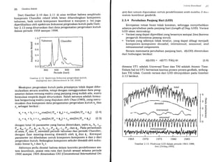 26 GeodesiSateht
Dari Gambar 2.lo dan 2.11 di atas terlihat bahwa amplitudo
komponen chandler relatif lebih besar dibandingkan komponen
tahunan, baik untuk komponen koordinat x maupun y' Ini juga
diperlihatkan oleh spektrum frekuensi pergerakan kutub pada Gam-
bir 2.12 yangditurunkan dari data pengamatan pergerakan kutub
dalam periode 1958 samPai 1998.
(d
C)
il
oio
p.
1.0
0.8
0.6
o.4
o.2
0.0
Tahunan ll Chandter
.*o
yp
300 400 500 600
Periode (hari)
Gambar 2.12 Spektrum frekuensi pergerakan kutub;
diadaptasi dan lMontenbruck & Gill, 2OOO)
Meskipun pergerakan kutub pada prinsipnya tidak dapat difor-
mulasikan secara analitis, tetapi dengan menggunakan data peng-
amatan dalam rentangwaktu yang panjangyang sudah ada, suatu
formulasi empirik dapat diturunkan. Salah satunya adalah formu-
lasi bergantung waktu yang diajukan oleh Chao (1985), yang meru-
muskan dua komponen data pengamatan pergerakan kutub xo dan
yo sebagai berikut :
Xo: ?*+ b.t+ c*.cos(2nt/P*+ 0*) + c"*.cos(2nt/P*+ 0"*) (2.4
yo = &, + br.t + c"r.sin(2nt/P", + 0^r) + c"r.sin(2nt/P"y + 0.y) (2'51
dengan total 16 parameter yang harus ditentukan, yaitu a", b*, c*,
P*, 0*, c*, P"*, 0"*, ar, by, c.y, Pur, 0"r, c.r, {r, dan $""' Pada persamaan
diatas, P" dan r" mewhkili peiiode tahunan dan periode Chandler,
dengan fase masing-masing diwakili oleh Q. dan Q.. Keempat
parameter ini dibedakan untuk komponen-komponen x dan y dari
pergerakan kutub. Sedangkan komponen sekuler diwakili oleh suku-
suku linear b,,t dan br.t.
Akhirnya perlu dicatat bahwa dalam konteks pendefinisian sis-
tem koordinat, posisi rata-rata dari kutub sesaat selama periode
1900 sampai 19O5 dinamakan CIO (Conuentiornl International Oi-
lit:;tt,tn Kt.xntlntrtl '.r.
I
gin) dan umum digunakan untuk pendefinisian arah sumbu-Z tlrrr r
sistem koordinat geodetik.
2.3.4 Perubahan Panjang Hari (LOD)
Kecepatan rotasi bumi tidak konstan, sehingga menyebabkan
adanya perubahan pada panjang hari (Lengthof Dag, LOD). Variasi
LOD akan mencakup:
. Variasi yang dapat diprediksi yang besarnya sampai 2ms (karena
pengaruh fenomena pasang surut).
. Variasi yang sifatnya tidak teratur, yang dapat dibagi menjadi
komponen-komponen'decadal, interannual, seasonal, and
intr as e a s o nal co mp o nent s.
Secara matematis perubahan panjang hari, d(LOD) ditentukan
dari hubungan berikut:
d(LoD) = -d(uT1-TAr)/dt (2.61
dimana UT1 adalah Universal Time dan TAI adalah Atomic Time.
Dalam hal ini UT1 bervariasi karena proses-proses geofisik, sedang-
kan TAI tidak. Contoh variasi dari LOD ditunjukkan pada Gambar
2.13 berikut.
ffni'Yry$Wrfr,*,n'r---* - decadat -t--l'Utl'l
*-*-^r'^91H1-'*J-:
nl/xflwtly}-
U)
3[p
2"=
6'
o
)i
1t
o
1965 t970
Gambar 2.13
1975 1980 1985
Fluktuasi LOD dalam periode i963-1988;
d,ari lDickeg,l995l.
 