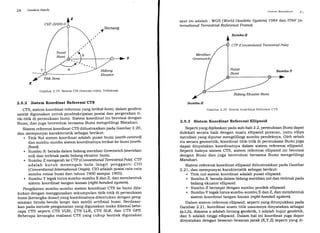 34 Geodesi Satelit
x
Gambar 2.19 Sistem CIS (Asensio rekta, Deklinasi)
2.5.2 Sistem Koordinat Referensi CTS
CTS, sistem koordinat referensi yangteikat bumi, dalam geodesi
satelit digunakan untuk pendeskripsian posisi dan pergerakan ti-
tik-titik di permukaan bumi. Sistem koordinat ini berotasi dengan
Bumi, dan juga berevolusi bersama Bumi mengelilingi Matahari.
sistem referensi koordinat cTS diilustrasikan pada Gambat 2.2o,
dan mempunyai karakteristik sebagai berikut:
. Titik Nol sistem koordinat adalah pusat buLrrri (earth-centred)
dan sumbu-sumbu sistem koordinatnya terikat ke bumi (earth-
fixedl.
. Sumbu-X berada dalam bidang meridian Greenwich (meridian
nol) dan terletak pada bidang ekuator bumi.
. Sumbu-Z mengarah ke CTP (ConuentionalTerrestialPolel' CTP
adalah kutub menengah bola langit pengganti CIO
(conuentional International oiginl. clo adalah posisi rata-rata
sumbu rotasi bumi dari tahun 1900 sampai 1905).
. Sumbu-Y tegak lurus sumbu-sumbu X dan Z, danmembentuk
sistem koordinat tangan-kan an (ight-lnnded sg steml.
Pengikatan sumbu-sumbu sistem koordinat CTS ke bumi dila-
kukan dengan menggunakan sekumpulan titik-titik di permukaan
bumi (kerangka dasar)yang koordinatnya ditentukan dengan peng-
amatan benda-benda langit dan satelit artifisial bumi. Berdasar-
kan pada metode pengamatan yang digunakan maka dikenal bebe-
rapa CTS seperti CTS VLBI, CTS LLR, CTS SLR, dan CTS GPS.
Beberapa kerangka realisasi CTS yang cukup banyak digunakan
Stslettt Kottrt I tt t t tI
saat ini adalah : WGS (World Geodetic Sgstem) 1984 dan ITItl"
ternational Terrestrial Reference Frame).
Sumbu-Z
CTP (Conuentional Terre strial Pole )
Meridian
Sumbu-Y
.t.
lhr
Sumbu-X
Bidang Ekuator Bumi
Gambar 2.20 Sistem Koordinat Referensi CTS
2.5.3 Sistem Koordinat Referensi Ellipsoid
Sepertiyang dijelaskan pada sub-bab2.2, permukaan Bumi dapat
didekati secara baik dengan suatu ellipsoid putaran, yaitu ellips
meridian yang diputar mengelilingi sumbu pendeknya. Oleh sebab
itu secara geometrik, koordinat titik-titik di permukaan Bumi juga
dapat dinyatakan koordinatnya dalam sistem referensi ellipsoid.
Seperti halnya sistem CTS, sistem referensi ellipsoid ini berotasi
dengan Bumi dan juga berevolusi bersama Bumi mengelilingi
Matahari.
Sistem referensi koordinat ellipsoid diilustrasikan pada Gambar
2.21, dan mempunyai karakteristik sebagai berikut:
. Titik nol sistem koordinat adalah pusat ellipsoid.
. Sumbu-X berada dalam bidang meridian nol dan terletak pada
bidang ekuator ellipsoid.
. Sumbu-Zberimpit dengan sumbu pendek ellipsoid.
. Sumbu-Y tegak lurus sumbu-sumbu X dan Z, dan membentuk
sistem koordinat tangan-kan an (ight-handed sg stem).
Dalam sistem referensi ellipsoid, seperti yang ditunjukkan pada
Gambar 2.2l,koordinat suatu titik umumnya dinyatakan sebagai
(q,I,h), dimana g adalah lintang geodetik, l, adalah bujur geodetik,
dan h adalah tinggi ellipsoid. Dalam hal ini koordinat juga dapat
dinyatakan dengan besaran-besaran jarak (X,Y,Zl seperti yang di-
 